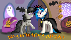 Size: 1280x720 | Tagged: safe, artist:jbond, imported from derpibooru, dj pon-3, octavia melody, vinyl scratch, earth pony, pony, unicorn, vampire, werewolf, clothes, costume, duo, fangs, female, halloween, holiday, mare, nightmare night, open mouth, postcard, pumpkin, raised hoof, text