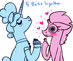 Size: 1280x1071 | Tagged: safe, artist:tempestintheponyvile, imported from derpibooru, prince blueblood, tempest shadow, pony, unicorn, berryblood, broken horn, cake, chef's hat, female, food, fork, hat, horn, male, shipping, straight