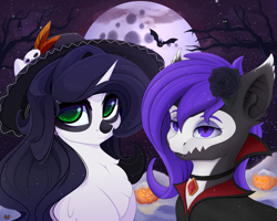 Size: 5000x4000 | Tagged: safe, artist:batsdisaster, artist:xsatanielx, imported from derpibooru, oc, oc only, oc:batsdisaster, oc:reinina hazard, bat, bat pony, bird, monster pony, owl, pony, unicorn, vampire, vampony, amulet, apathy, choker, cloak, clothes, dia de los muertos, fangs, female, femboy, flower, full moon, green eyes, halloween, hat, holiday, jewelry, male, mare, monster mare, moon, night, pumpkin, purple eyes, rose, snow, trap, wood