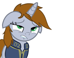 Size: 7550x5981 | Tagged: safe, artist:simplesample, edit, imported from derpibooru, oc, oc only, oc:littlepip, pony, unicorn, fallout equestria, clothes, eyeroll, fanfic, fanfic art, female, floppy ears, horn, jumpsuit, lip bite, mare, out of context, reaction image, simple background, solo, transparent background, unf, vault suit