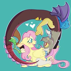 Size: 894x894 | Tagged: safe, artist:asstheticgarbage, imported from derpibooru, discord, fluttershy, draconequus, pegasus, pony, curled up, cute, discoshy, discute, eye contact, eyebrows, eyebrows visible through hair, female, floppy ears, folded wings, green background, heart, looking at each other, male, mare, open mouth, open smile, profile, prone, shipping, shyabetes, simple background, smiling, smiling at each other, straight, upside down, wings