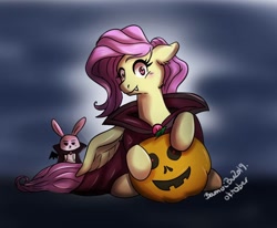 Size: 984x812 | Tagged: safe, artist:bubucoy, imported from derpibooru, angel bunny, fluttershy, pegasus, pony, vampire, blushing, cape, clothes, costume, duo, fangs, female, floppy ears, halloween, halloween costume, head turn, holiday, jack-o-lantern, looking at you, mare, night, pumpkin, red eyes, sitting, smiling, spread wings, turned head, wings, wings down