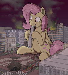 Size: 2119x2356 | Tagged: safe, artist:rapidstrike, imported from derpibooru, part of a set, fluttershy, bat pony, human, pony, series:giant flutterbat, bat ponified, bus, destruction, fangs, fetish, flutterbat, flutterpred, loss (meme), macro, object stuffing, object vore, part of a series, ponies eating humans, race swap, san francisco, sitting, train, vore