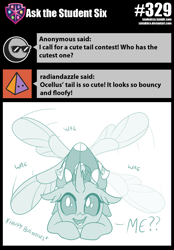 Size: 800x1151 | Tagged: safe, artist:sintakhra, imported from derpibooru, ocellus, changedling, changeling, tumblr:studentsix, bugs doing bug things, cute, cute bug noises, cute little fangs, descriptive noise, diaocelles, fangs, female, looking at you, post-it, solo, tail wag