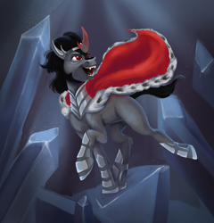Size: 1000x1040 | Tagged: safe, artist:theo-0, imported from derpibooru, king sombra, pony, unicorn, cape, clothes, crystal, curved horn, horn, male, open mouth, solo, sombra's cape, stallion