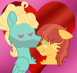 Size: 915x874 | Tagged: safe, artist:forgottenchesire, derpibooru exclusive, imported from derpibooru, half baked apple, zephyr breeze, pony, abstract background, apple breeze, apple family member, base used, gay, heart, heart background, male, shipping