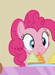 Size: 224x302 | Tagged: safe, artist:agrol, imported from derpibooru, pinkie pie, earth pony, pony, :i, animated, counter, cropped, cupcake, female, food, gif, glare, head shake, implied rainbow dash, implied twilight sparkle, looking at someone, make it a surprise, mare, mlp fim's ninth anniversary, no, nope, pinkie pie is not amused, reaction image, solo, sugarcube corner, unamused