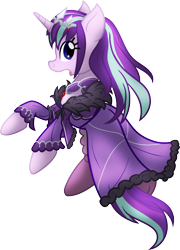 Size: 1386x1927 | Tagged: safe, artist:geraritydevillefort, imported from derpibooru, starlight glimmer, pony, unicorn, clothes, crown, digital art, dress, fate/grand order, female, jewelry, mare, regalia, scathach-skadi, simple background, solo, transparent background