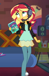 Size: 707x1079 | Tagged: safe, imported from derpibooru, screencap, sunset shimmer, equestria girls, equestria girls series, game stream, spoiler:eqg series (season 2), clothes, converse, couch, cropped, cute, female, gamer sunset, headset, jacket, pantyhose, shimmerbetes, shoes, smiling, speaker, sunset gamer, sunset's apartment, video game