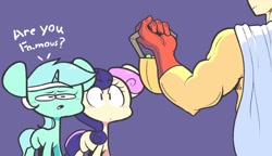 Size: 1474x851 | Tagged: safe, artist:sourspot, imported from derpibooru, bon bon, lyra heartstrings, earth pony, human, pony, unicorn, crossover, dialogue, female, mare, one punch man, open mouth, pumpkin bucket, purple background, saitama, simple background