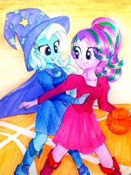 Size: 2320x3094 | Tagged: safe, artist:liaaqila, imported from derpibooru, starlight glimmer, trixie, equestria girls, ball, basketball, boots, cape, clothes, dress, fall formal outfits, hat, high heel boots, playing, shoes, sports, traditional art, trixie's cape, trixie's hat