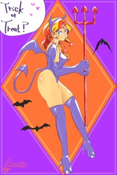 Size: 1000x1500 | Tagged: safe, artist:sozglitch, imported from derpibooru, sunset shimmer, bat, equestria girls, abstract background, clothes, costume, dialogue, digital art, female, halloween, halloween costume, holiday, smiling, solo, speech bubble, trick or treat
