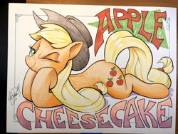 Size: 2048x1536 | Tagged: safe, artist:andypriceart, idw, imported from derpibooru, applejack, earth pony, pony, spoiler:comic, female, looking at you, mare, one eye closed, prone, smiling, smirk, solo, traditional art, wink
