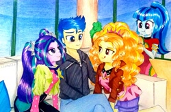 Size: 2977x1954 | Tagged: safe, artist:liaaqila, imported from derpibooru, adagio dazzle, aria blaze, flash sentry, sonata dusk, equestria girls, equestria girls series, find the magic, spoiler:eqg series (season 2), bedroom eyes, belt, blushing, clothes, commission, couch, disguise, disguised siren, dress, eyeshadow, feet, female, flash sentry gets all the dazzlings, flash sentry gets all the mares, flash sentry gets all the sirens, flash sentry gets all the waifus, flashagio, flasharia, food, headband, hoodie, hungry, imminent fffm foursome, imminent foursome, imminent group sex, imminent orgy, imminent sex, jacket, jeans, leather jacket, licking, licking lips, makeup, male, pants, pillow, plant, polyamory, senata, shipping, shirt, shorts, sitting, sonataco, spiked headband, straight, taco, taco dress, that girl sure loves tacos, that pony sure does love tacos, that siren sure does love tacos, the dazzlings, tongue out, traditional art
