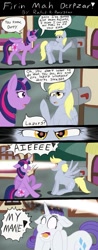 Size: 561x1424 | Tagged: safe, artist:shinysmeargle, imported from derpibooru, derpy hooves, rarity, twilight sparkle, alicorn, pegasus, pony, unicorn, burned, comic, laser, mailbox, rarity mane, ruined, twilight sparkle (alicorn), underp, x-men