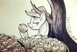 Size: 3817x2582 | Tagged: safe, artist:poecillia-gracilis19, imported from derpibooru, applejack, earth pony, pony, apple, female, food, inktober, inktober 2019, monochrome, solo, traditional art