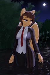 Size: 853x1280 | Tagged: safe, artist:pewas, imported from derpibooru, oc, oc only, anthro, pegasus, alternate universe, anthro oc, clothes, coat, female, mare, moon, necktie, night, solo, suit, tree, water