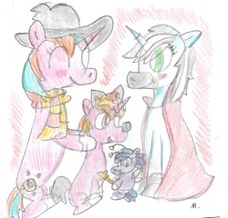 Size: 1241x1189 | Tagged: safe, artist:ptitemouette, imported from derpibooru, oc, oc:maestro doremi, oc:summer solstice, oc:sunny jewel, oc:violet soprano, pony, baby, baby pony, halloween, holiday, magical lesbian spawn, oc x oc, offspring, offspring shipping, offspring's offspring, parent:frederic horseshoepin, parent:neon lights, parent:oc:maestro doremi, parent:oc:saphire ring, parent:oc:sunny jewel, parent:starlight glimmer, parent:sunburst, parents:fredlights, parents:oc x oc, parents:starburst, shipping