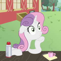 Size: 1000x1000 | Tagged: safe, artist:crystalightrocket, artist:crystalightx, imported from derpibooru, sweetie belle, pony, unicorn, ponyville confidential, spoiler:s09, blank stare, coffee, cup, female, leaning, mare, meme, meme interpretation, notepad, older, older sweetie belle, scene interpretation, solo, sudden clarity older sweetie belle, sudden clarity sweetie belle