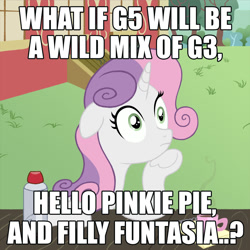 Size: 1000x1000 | Tagged: safe, artist:crystalightrocket, artist:crystalightx, imported from derpibooru, sweetie belle, pony, unicorn, hello pinkie pie, ponyville confidential, spoiler:s09, blank stare, caption, coffee, cup, exploitable meme, female, filly (dracco), filly funtasia, floppy ears, g3, g5, g5 speculation, image macro, implied filly funtasia, leaning, mare, meme, meme interpretation, notepad, obligatory pony, older, older sweetie belle, question, solo, sudden clarity older sweetie belle, sudden clarity sweetie belle, text, what if