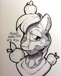 Size: 1152x1440 | Tagged: safe, artist:mychelle, imported from derpibooru, big macintosh, earth pony, pony, apple, bust, food, freckles, horse collar, inktober, inktober 2019, male, monochrome, portrait, solo, stallion, straw in mouth, traditional art, yoke
