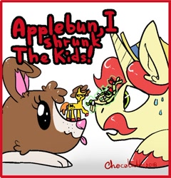 Size: 600x625 | Tagged: safe, artist:ch0c0butt, artist:northernlightsone, imported from derpibooru, flam, winona, oc, dog, pony, unicorn, female, honey i shrunk the kids, male, micro, movie poster, offspring, parent:applejack, parent:flam, parents:flamjack, parody, sweat, tongue out, unshorn fetlocks