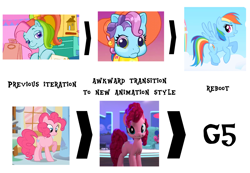 Size: 1600x1108 | Tagged: safe, imported from derpibooru, pinkie pie, rainbow dash, hello pinkie pie, g3.5, g3.75, g4, g5, newborn cuties, text, theory