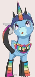 Size: 771x1691 | Tagged: safe, artist:stillwaterspony, imported from derpibooru, oc, oc only, oc:still waters, pony, :p, boots, clothes, colored horn, costume, hoof shoes, horn, jewelry, male, nightmare night costume, prosthetic horn, prosthetics, regalia, shoes, solo, tiara, tongue out