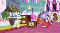Size: 1920x1080 | Tagged: safe, imported from derpibooru, screencap, big macintosh, earl grey, savoir fare, earth pony, pony, unicorn, the last problem, background pony, crate, duo focus, horte cuisine, male, stallion