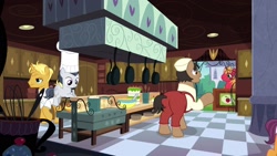 Size: 1920x1080 | Tagged: safe, imported from derpibooru, screencap, big macintosh, gourmand ramsay, port wine, puff pastry, rumble, earth pony, pegasus, pony, unicorn, the last problem, background pony, balancing, canterlot, chef, chef outfit, chef's hat, clothes, colt, continuity, cook, crate, frying pan, gordon ramsay, hat, kitchen, male, pot, stallion, suspenders