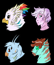 Size: 1280x1549 | Tagged: safe, artist:shimazun, imported from derpibooru, oc, oc:gren, oc:quartz horn, oc:rainbow feather, oc:scales, alien, griffon, hippogriff, antennae, gills, interspecies offspring, magical lesbian spawn, multiple eyes, offspring, parent:gilda, parent:rainbow dash, parents:gildash, transformed