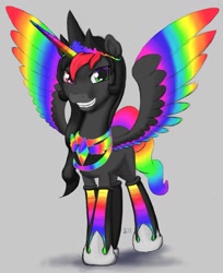 Size: 1117x1369 | Tagged: safe, artist:stillwaterspony, imported from derpibooru, oc, oc only, oc:still waters, pony, alicorn costume, boots, clothes, colored horn, colored wings, costume, grin, heterochromia, hoof shoes, horn, jewelry, male, multicolored tail, multicolored wings, nightmare night costume, prosthetic horn, prosthetics, rainbow wings, regalia, shoes, smiling, solo, spread wings, tiara, two toned mane, wings