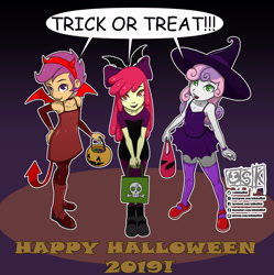Size: 1997x2003 | Tagged: safe, artist:oldskullkid, imported from derpibooru, apple bloom, scootaloo, sweetie belle, vampire, equestria girls, adorabloom, clothes, costume, cute, cutealoo, cutie mark crusaders, devil, devil horns, diasweetes, fangs, female, halloween, halloween costume, hat, holiday, pumpkin bucket, tail, trick or treat, trio, witch, witch hat