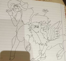 Size: 1066x990 | Tagged: artist needed, safe, artist:mhyyy.v, imported from derpibooru, discord, lord tirek, centaur, draconequus, eris, female, lady errek, lady tirek, lesbian, lined paper, rule 63, shipping, tirekcord, traditional art