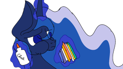 Size: 900x506 | Tagged: safe, artist:treble clefé, imported from derpibooru, princess luna, alicorn, pony, two best sisters play, crayons, female, flowing mane, glue, hidden wings, levitation, magic, paste eating, puffy cheeks, solo, telekinesis