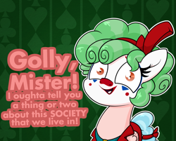 Size: 1753x1410 | Tagged: safe, artist:moonatik, imported from derpibooru, cozy glow, pegasus, pony, bow, clothes, clown, clown makeup, clowny glow, costume, female, filly, golly, joker (2019), society, solo, talking to viewer, the joker, we live in a society, xk-class end-of-the-world scenario