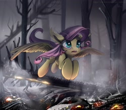 Size: 4000x3500 | Tagged: safe, artist:mithriss, imported from derpibooru, fluttershy, pegasus, pony, charred, dead tree, female, fire, flying, forest, forest fire, mare, open mouth, outdoors, shocked, smoke, solo, spread wings, three quarter view, tree, wings