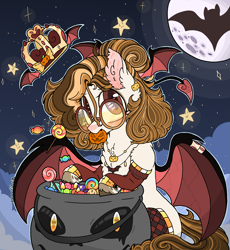 Size: 2143x2333 | Tagged: safe, artist:myfantasy08, imported from derpibooru, oc, oc only, oc:equino echonnus, bat, original species, succubus, candy, clothes, collar, crown, cute, devil tail, ear fluff, food, glasses, halloween, holiday, jewelry, looking at you, moon, multicolored mane, multicolored tail, night, pumpkim, pumpkin, pumpkin bucket, regalia, sky, socks, solo, stars, succubus tail, wing ring