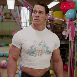 Size: 480x480 | Tagged: safe, imported from derpibooru, pinkie pie, princess celestia, human, balloon, clothes, irl, irl human, john cena, party, photo, playing with fire, shirt, t-shirt