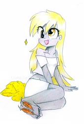 Size: 2177x3194 | Tagged: safe, artist:liaaqila, imported from derpibooru, derpy hooves, equestria girls, barefoot, clothes, commission, cute, derpabetes, feather, feet, female, fetish, foot fetish, midriff, open mouth, shirt, simple background, skirt, socks, solo, tickle torture, tickling, traditional art, white background