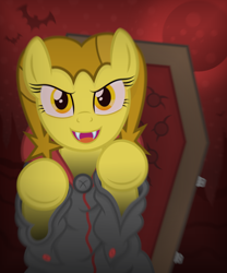 Size: 2500x3000 | Tagged: safe, artist:devfield, imported from derpibooru, oc, oc only, oc:golden star, bat, earth pony, pony, vampire, blood moon, bloodshot eyes, blurred background, blurry, blurry background, button, canyon, cape, clothes, coffin, costume, fangs, female, grin, halloween, halloween costume, hinges, holiday, hooves, hooves up, jumpscare, mare, moon, nightmare night, nightmare night costume, open mouth, red background, red sky, shading, shadow, show accurate, simple background, smiling, solo, stars, two toned mane, vignette, yellow eyes