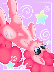 Size: 1536x2048 | Tagged: safe, artist:sweetkllrvane, imported from derpibooru, pinkie pie, earth pony, pony, :p, cute, cutie mark, diapinkes, female, on back, silly, solo, stars, tongue out