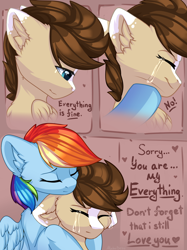 Size: 2048x2732 | Tagged: safe, artist:alphadesu, imported from derpibooru, rainbow dash, oc, oc:skittle, pegasus, pony, canon x oc, comforting, crying, female, hug, male, sad, shipping, skidash, ych result