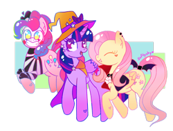 Size: 1280x967 | Tagged: safe, artist:softyshy, imported from derpibooru, fluttershy, pinkie pie, twilight sparkle, alicorn, earth pony, pegasus, pony, vampire, abstract background, clothes, costume, cute, eyes closed, fangs, female, halloween, halloween costume, hat, heart eyes, mare, mime, smiling, trio, twilight sparkle (alicorn), wingding eyes, witch, witch hat