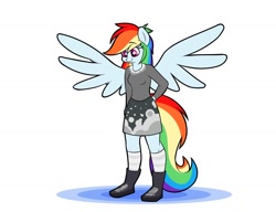 Size: 1300x1000 | Tagged: safe, artist:heir-of-rick, imported from derpibooru, rainbow dash, anthro, plantigrade anthro, boots, clothes, cute, dashabetes, female, miniskirt, moe, shoes, simple background, skirt, socks, solo, spread wings, striped socks, white background, wings