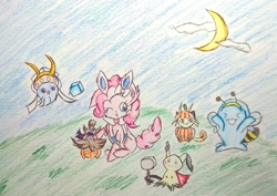 Size: 2349x1665 | Tagged: safe, artist:sumi-mlp25, imported from derpibooru, pinkie pie, meowth, mimikyu, pony, sylveon, wobbuffet, clothes, costume, halloween, holiday, inkay, pokémon, traditional art