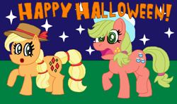 Size: 724x430 | Tagged: safe, artist:drypony198, imported from derpibooru, applejack, pony, clothes, costume, cowboys and equestrians, halloween, hat, holiday, mad (tv series), mad magazine, maplejack, night, palette swap, recolor