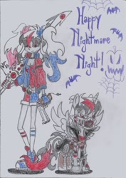 Size: 1241x1750 | Tagged: safe, artist:nephilim rider, imported from derpibooru, oc, oc:heaven lost, pony, clothes, code vein, costume, harley quinn, nightmare night, traditional art