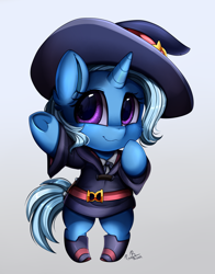 Size: 2308x2947 | Tagged: safe, artist:pridark, imported from derpibooru, trixie, pony, semi-anthro, unicorn, anime, arm hooves, bipedal, boots, chibi, clothes, cosplay, costume, cute, diatrixes, dress, female, halloween, hat, heart, heart hoof, high res, holiday, hoodie, hoof heart, little witch academia, looking at you, mare, shoes, signature, skirt, smiling, solo, weapons-grade cute, witch costume, witch hat