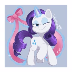 Size: 2048x2048 | Tagged: safe, artist:gamorangetana, artist:takatmadisney, imported from derpibooru, rarity, pony, unicorn, blush sticker, blushing, bow, cute, female, high res, magic, mare, one eye closed, raribetes, ribbon, smiling, solo, telekinesis, wink